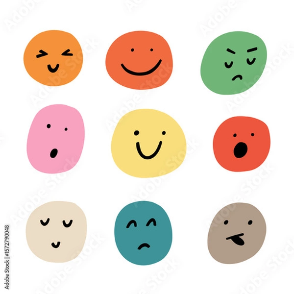 Fototapeta Whimsical Happy Smile Face Cartoon Icon. Abstract Cute Emoji People. Vector Doodle Illustration