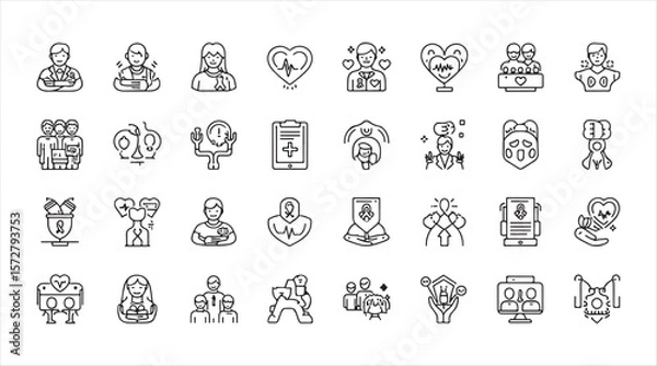 Fototapeta Mental Health and Wellness icon collection. A set of vector images representing well-being, group therapy, self-care, personal development, support groups, positive mindset, and meditation line style.