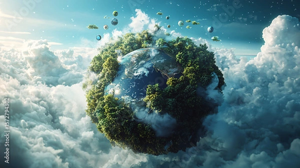 Fototapeta Vibrant Planet Surrounded by Lush Greenery and Floating Elements