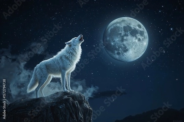 Obraz A white wolf howling at the full moon on a rocky cliff under a starry night sky in a dark environment