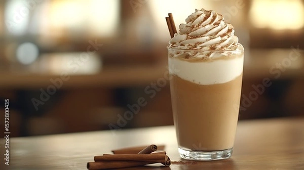 Fototapeta A cold glass of spiced chai frappé, topped with whipped cream and cinnamon, with an empty space for text