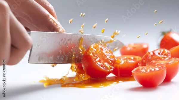 Fototapeta First-person view of hands holding a chef? knife slicing tomatoes, juice droplets visible, isolated on white background,