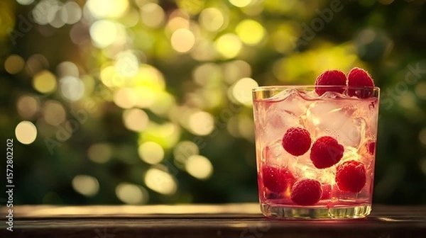 Fototapeta A cold raspberry lemonade, with fresh raspberries and ice, with a summer garden backdrop and empty space for text