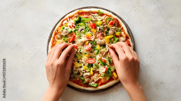 Fototapeta First-person view of hands placing toppings on a homemade pizza, colorful ingredients visible, isolated on white background,