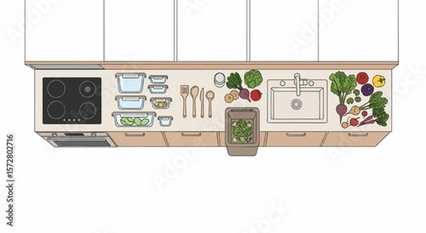 Obraz Zero waste kitchen vector: reusable containers, bamboo tools, compost bin, fresh produce. Top-down view. Earth tone palette, minimalist lines, clean design