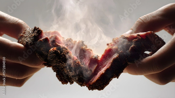 Fototapeta First-person view of hands pulling apart tender smoked meat, steam and texture emphasized, isolated on white background,