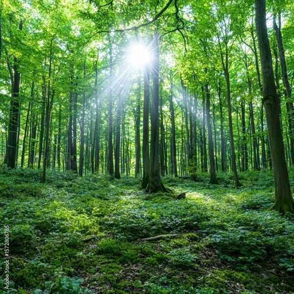 Fototapeta Serene sunlight streams through the lush canopy of a silent sp forest, illuminating a vibrant green undergrowth and creating a peaceful, tranquil atmosphere in nature.