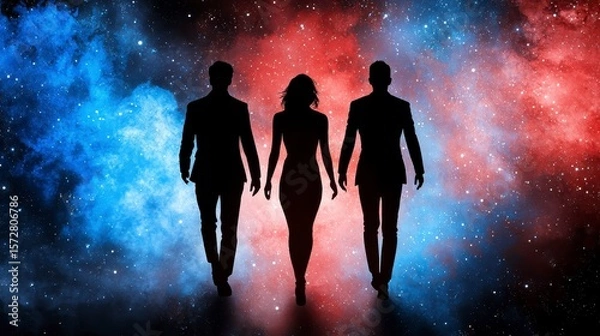 Fototapeta Silhouetted figures of two men and a woman walk confidently through a vibrant futuristic digital nebula landscape showcasing a journey into a technological cosmos.
