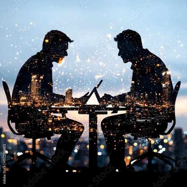 Fototapeta Silhouetted business partners collaborate intensely on tablets du a late-night meeting overlooking a vibrant city skyline symbolizing teamwork and dedication to achieving their