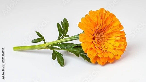 Fototapeta A single, vibrant marigold flower with bright orange petals lies gently on a plain white background showcasing its fully opened bloom and fresh green stem leaves.