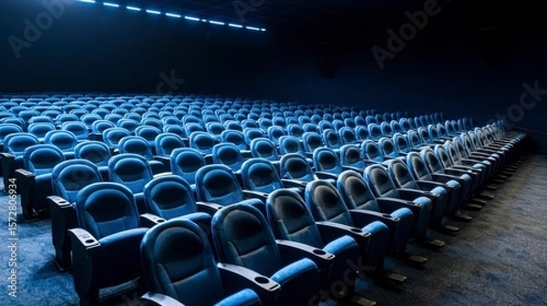 Fototapeta An empty blue cinema torium awaits its ence; rows of plush seats stretch into the dim, quiet darkness of the theater, promising an immersive cinematic experience.