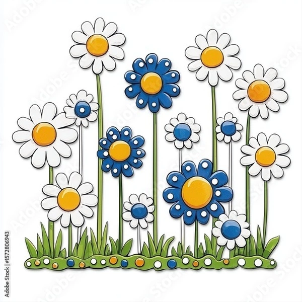 Fototapeta A vibrant illustration showcases a cheerful collection of stylized daisies in blue and white with simple icon-like designs set against a backdrop of green grass featu orange
