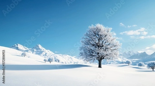 Fototapeta A single snow covered tree stands majestically in a pristine winter landscape against a backdrop of snow capped mountains under a bright blue sky a realistic photo perfect for