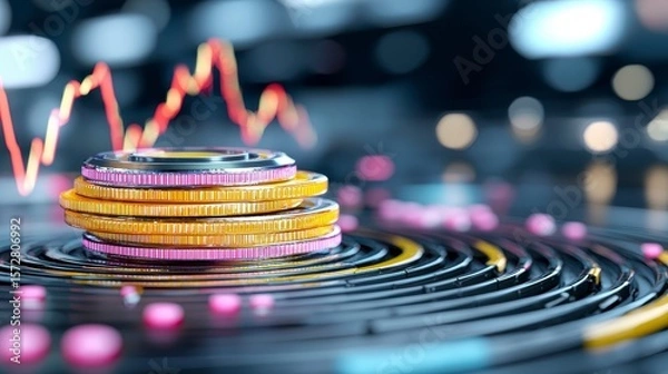 Fototapeta Abstract 3D rende illustrating market segmentation and ence analysis with a stack of sleek gold and rose gold coins on a concentric circular design, overlaid with a