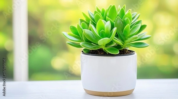 Fototapeta A vibrant small succulent plant thrives in a stylish modern ceramic pot, showcasing its lush green leaves against a bright, blurred natural background perfect for home decor or