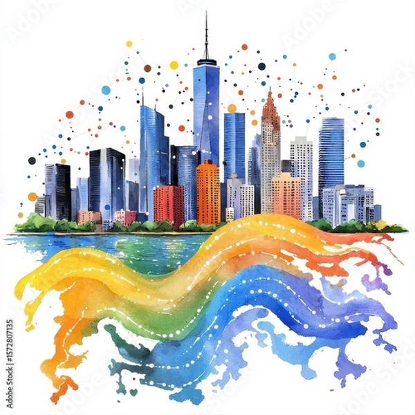 Fototapeta An abstract watercolor painting depicts a vibrant rainbow wave flowing beneath a detailed cityscape skyline suggesting a smart city concept with interconnected dots representing a