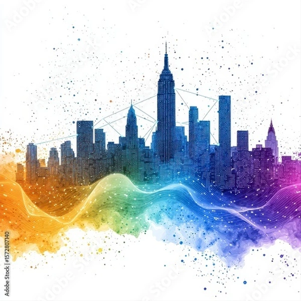 Fototapeta A vibrant abstract illustration depicts a connected smart city skyline with colorful gradient waves and dots representing data flow and digital networks in a modern metropolis.