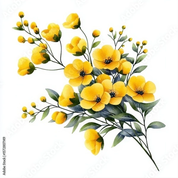 Fototapeta A vibrant bouquet of small, delicate yellow flowers and lush green leaves, meticulously rendered in watercolor, is perfectly isolated on a crisp white background, ideal for design