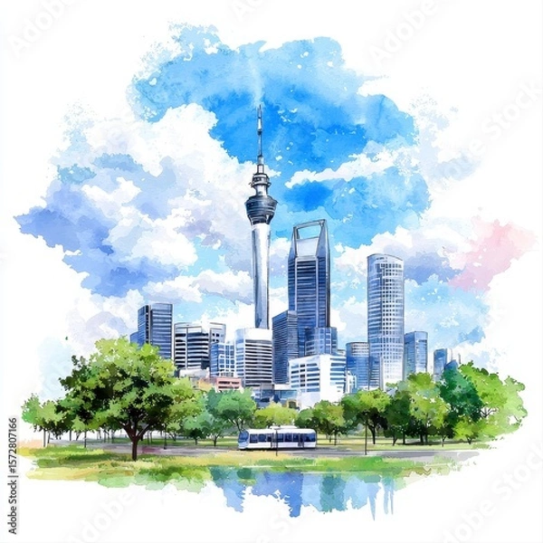 Fototapeta A vibrant watercolor illustration depicts a modern smart city skyline featu a prominent tower and surrounding buildings, trees, and a light rail transit system, ideal for smart