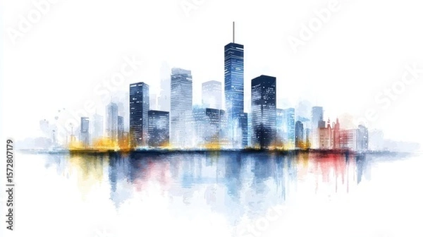 Fototapeta Abstract watercolor painting of a futuristic smart city skyline at night showcasing high speed technology and innovation in a vibrant urban landscape reflecting on calm water.