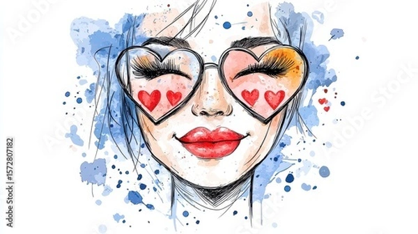 Fototapeta A watercolor illustration of a smiling woman's face wea heart-shaped sunglasses with tiny hearts reflecting in the lenses conveying happiness and love perfectly expressing a