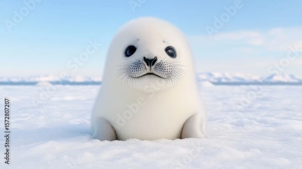 Fototapeta An adorable baby harp seal pup with a heartwarming smile poses on pristine arctic snow against a bright blue sky background, a realistic high-quality photo perfect for heartwarming