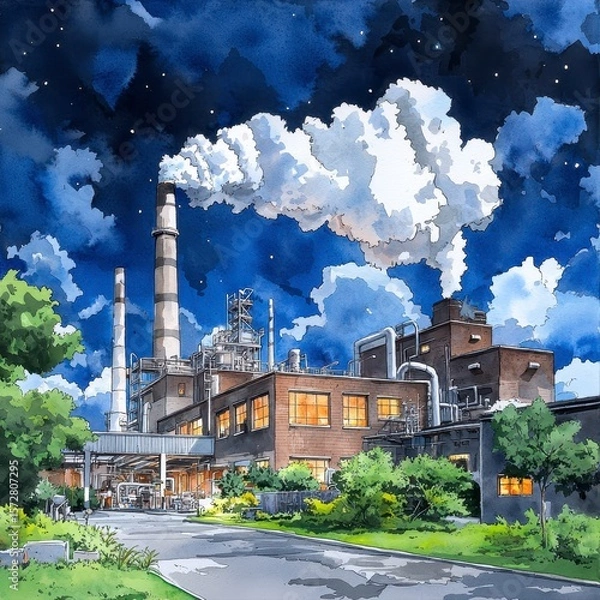 Fototapeta A nighttime watercolor painting depicts a factory emitting smoke into a starlit sky, showcasing detailed industrial architecture and environmental impact under a dramatic cloudy
