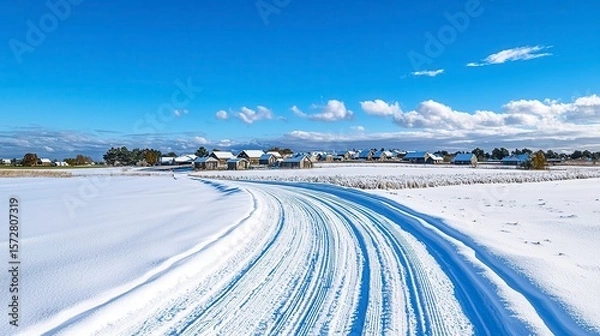 Fototapeta A picturesque snow-covered country road winds its way towards a charming village led amidst a serene winter landscape under a brilliant blue sky offe a tranquil and idyllic