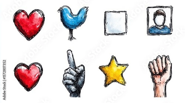 Fototapeta Hand-drawn social media icons depicting love, communication, approval, identity, and protest represent thought-provoking social issues and impactful online interactions perfectly