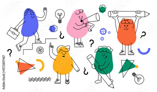 Fototapeta Set of abstract characters. Hand drawn and doodles. Marketing, negotiations, collaboration, brainstorming. Process. Social media. Business project. Discussion. Geometric elements.Launch and training