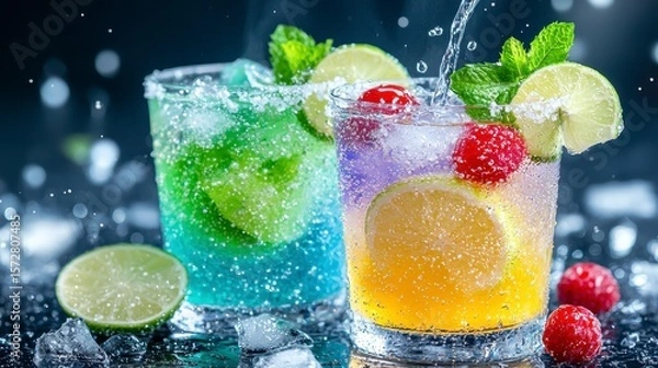 Fototapeta Refreshing summer drinks with ice and fruit; vibrant blue and orange cocktails being poured into glasses with mint and lime garnishes, creating a fizzy and delicious beverage.