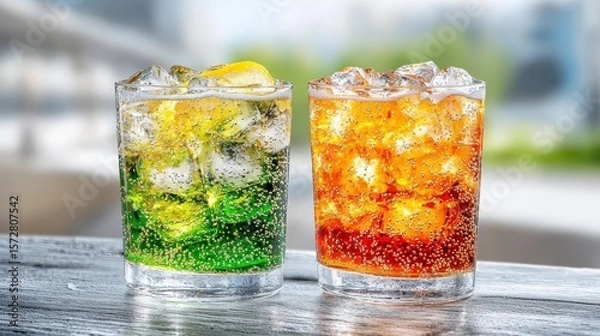 Fototapeta Two refreshing iced soft drinks with ice cubes and lemon slice in short glasses sit on a weathered wooden table outdoors on a bright sunny day perfect for summer refreshment.