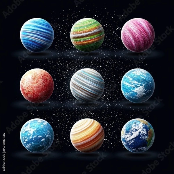 Fototapeta Nine realistic pixel-perfect solar system planets icons are depicted against a dark space background ideal for web design projects or home screen applications needing high-quality