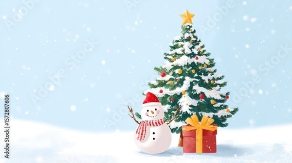 Fototapeta Snowman and decorated Christmas tree standing in fresh snow on a bright winter day.