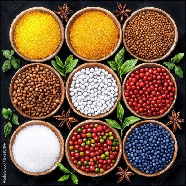 Fototapeta A vibrant collection of colorful spices arranged in small wooden bowls on a dark background creating a stunning watercolor-style high-quality image perfect for culinary or