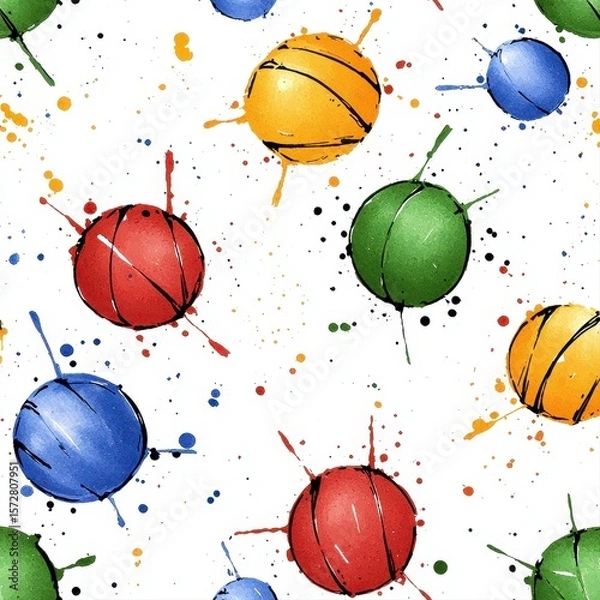Fototapeta Seamless vibrant sports pattern featu colorful basketballs in a halftone style with paint splatter effects on a white background ideal for sportswear textile designs.