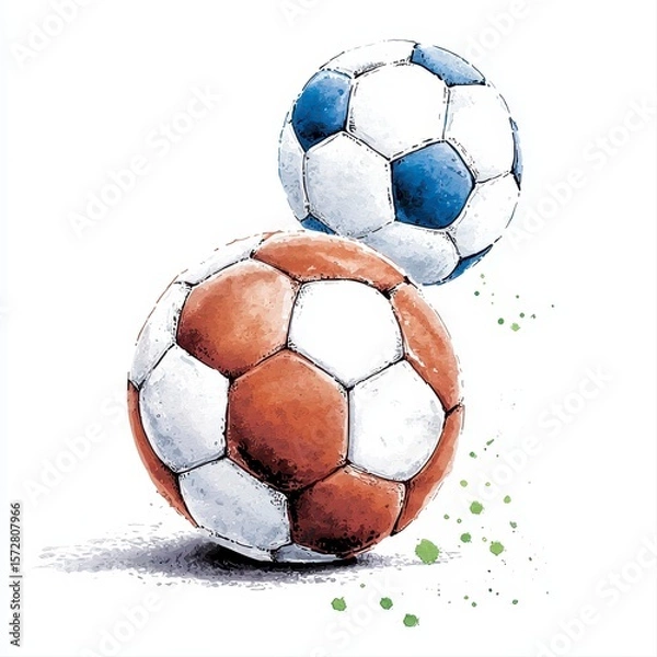 Fototapeta A vibrant illustration showcases two classic soccer balls in blue white and orange white color schemes playfully stacked together against a clean white background with subtle green