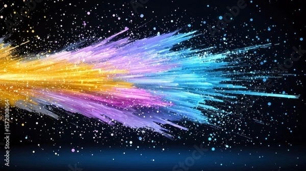 Fototapeta A vibrant surreal abstract glitch art background features a dynamic burst of colorful streaks and particles resembling a cosmic explosion or nebula with a glittery texture.