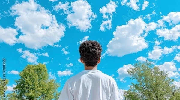 Fototapeta A young man gazes upward at a vibrant blue sky filled with fluffy white clouds on a bright sunny day, a high-quality realistic photo depicting a feeling of freedom and hope,
