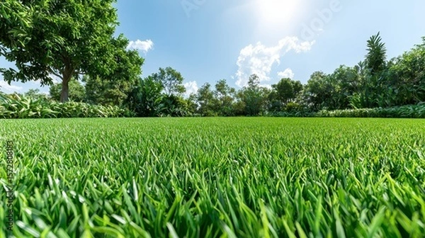 Fototapeta A vast expanse of lush green grass stretches under a bright sunny sky bordered by vibrant green trees and foliage creating a picturesque landscape perfect for relaxation and