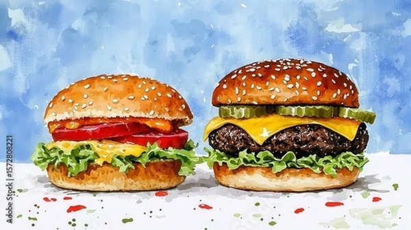 Fototapeta A vibrant watercolor painting showcases two delicious gourmet burgers side-by-side; one is a classic cheeseburger with pickles and the other a juicy hamburger with tomato and