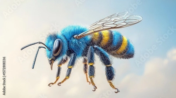 Fototapeta A vibrant blue and yellow cartoon bee joyfully buzzes against a soft, dreamy sky background, its fuzzy body rendered with exquisite detail and whical charm.