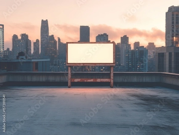 Obraz A blank billboard stands on a rooftop overlooking a sprawling cityscape at dusk.