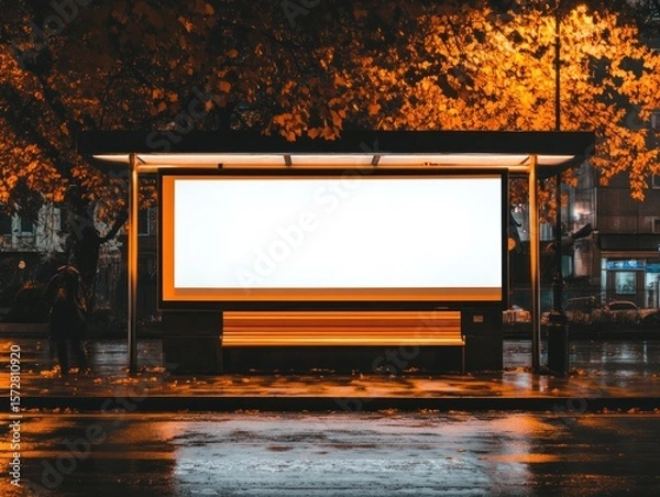 Obraz Empty billboard on a city bus stop at night, under trees with autumnal leaves, in a rainy setting.