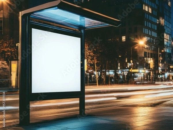 Obraz Empty advertising panel on a city bus stop at night, with blurred motion of city traffic.