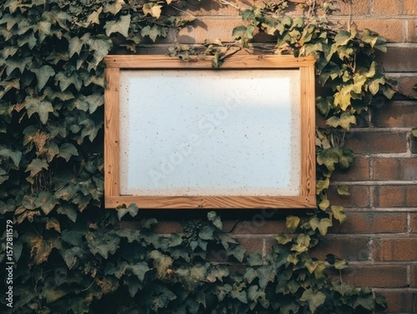 Obraz A blank framed sign hangs on a brick wall, surrounded by green ivy leaves.