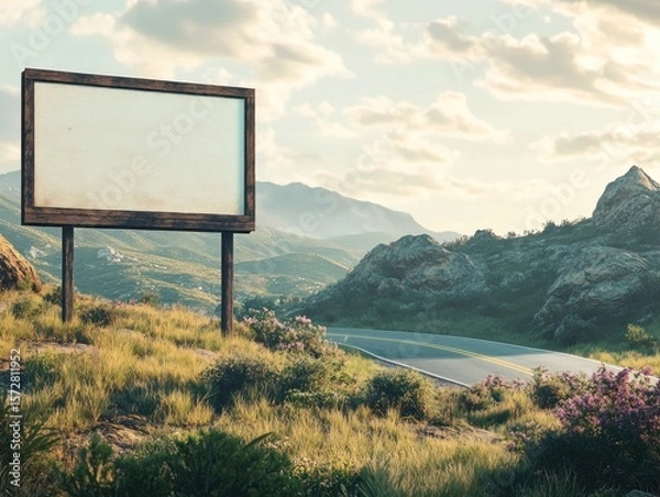 Obraz A blank billboard stands on a grassy hill overlooking a road winding through a mountainous landscape under a cloudy sky.