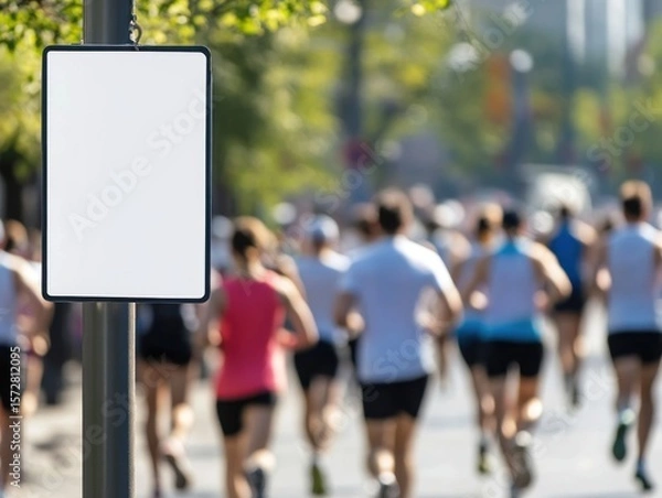 Obraz Blurred view of runners in a marathon with a blank sign in the foreground, ready for customization.