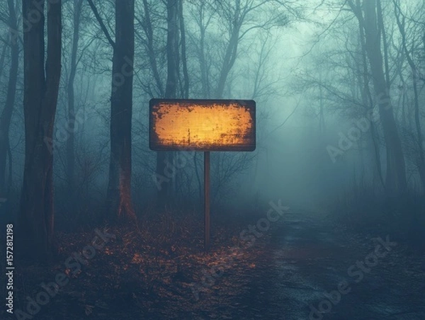 Obraz A weathered sign glows eerily amidst a misty, dark forest path.
