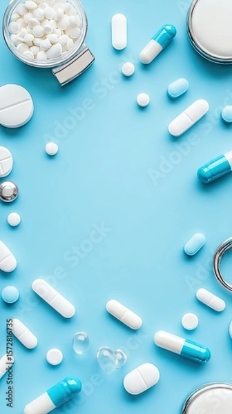 Fototapeta Assorted pharmaceutical pills and capsules arranged on a light blue background